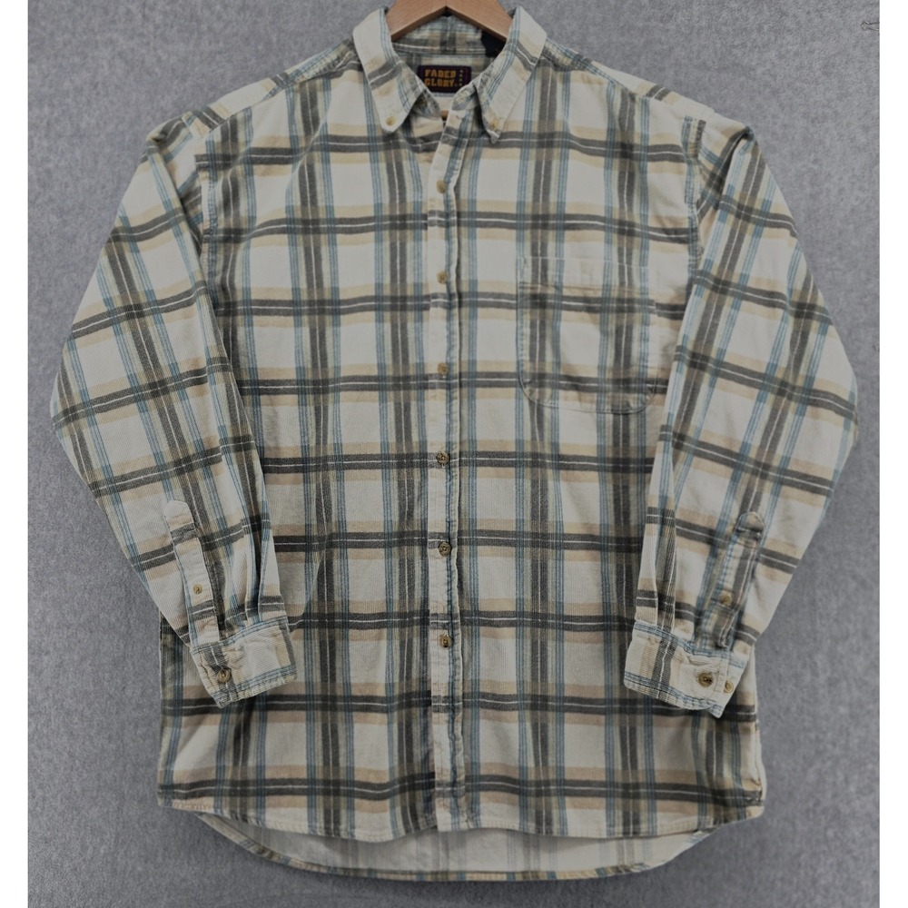 Vtg Faded Glory Men's L Shirt Corduroy Ivory‎ Gray Plaid Button Up Cozy Y2K
